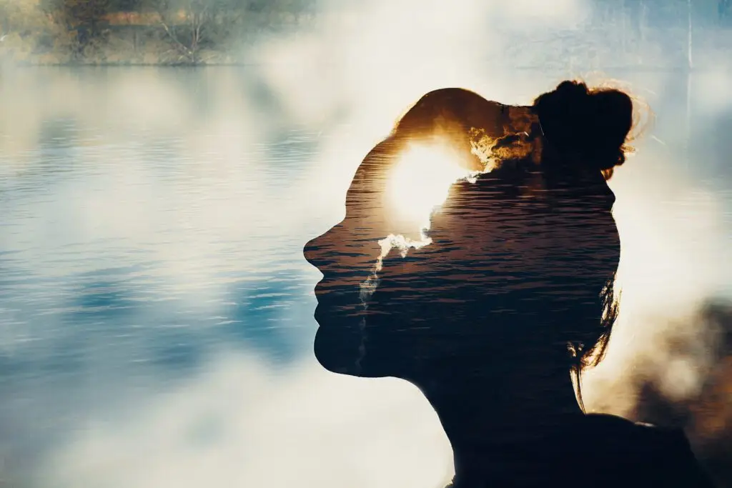 Change perception: Power of thoughts, Sun in woman's head. Mindset and psychology concept
