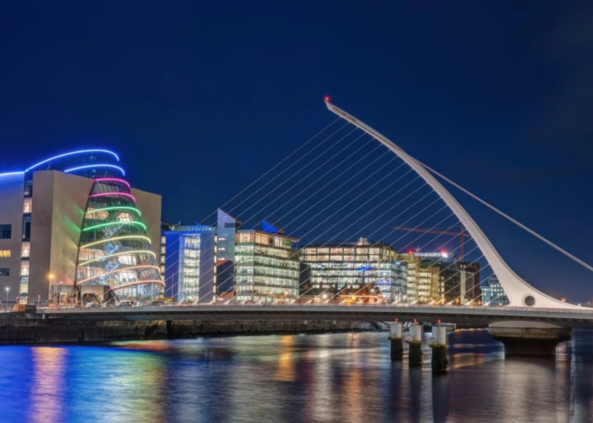 The Samuel Beckett Bridge and the Convention Centre Dublin on the River Liffey at night, for Sylvie di Giusto, international keynote speaker in Dublin