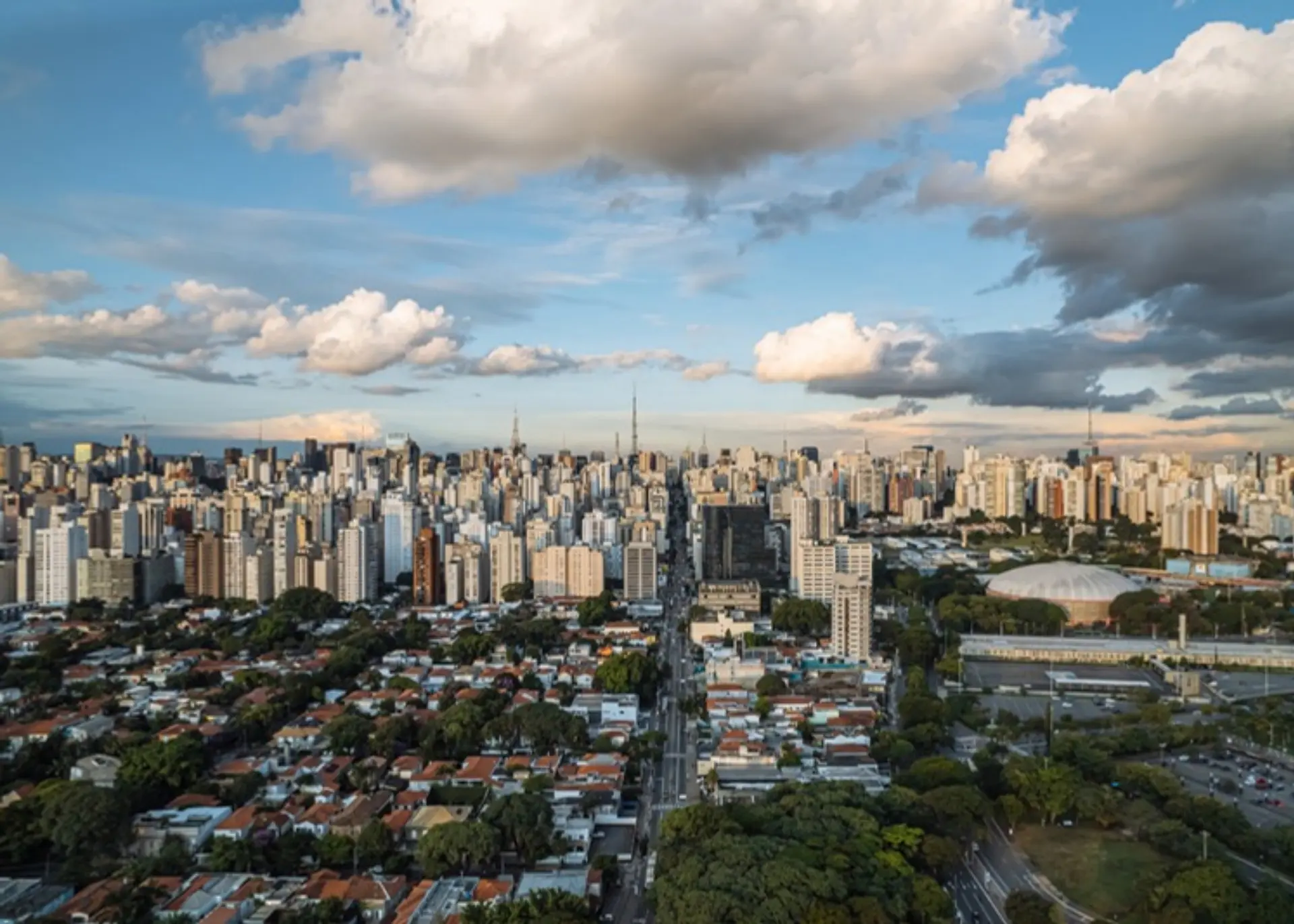 The São Paulo skyline above leafy neighbourhoods near Ibirapuera Park, for Sylvie di Giusto, international keynote speaker in São Paulo